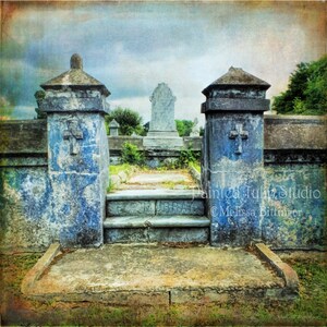 Charleston SC Cemetery Landscape Old Private Walled Garden Faded Blue Wall Religious Cross, Fine Art Print or Gallery Canvas Wrap Giclee