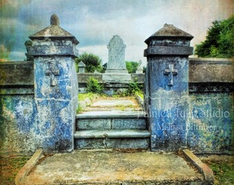 Charleston SC Cemetery Landscape Old Private Walled Garden Faded Blue Wall Religious Cross, Fine Art Print or Gallery Canvas Wrap Giclee