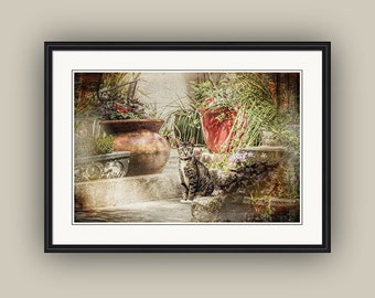 Tabby Cat Garden Courtyard Wall Art Print or Canvas, Historic Savannah Georgia Fine Art Photography