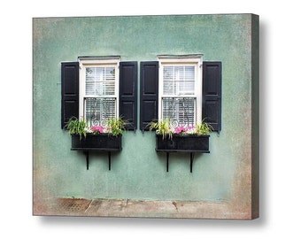 Window Boxes Charleston SC Photography, Rainbow Row Architecture, Windows Shutters Fine Art Print or Gallery Canvas Wrap Giclee