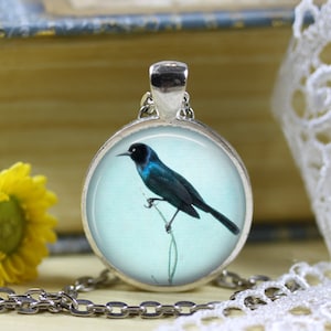 Blackbird Photo Pendant Necklace: Handmade Grackle Jewelry