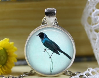 Blackbird Blue Sky Photo Pendant Necklace Jewelry, Black Bird Pendant Necklace Jewelry