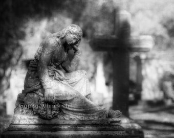 Cemetery Angel Cross Graveyard Black and White Fine Art Photography Giclee Print or Canvas