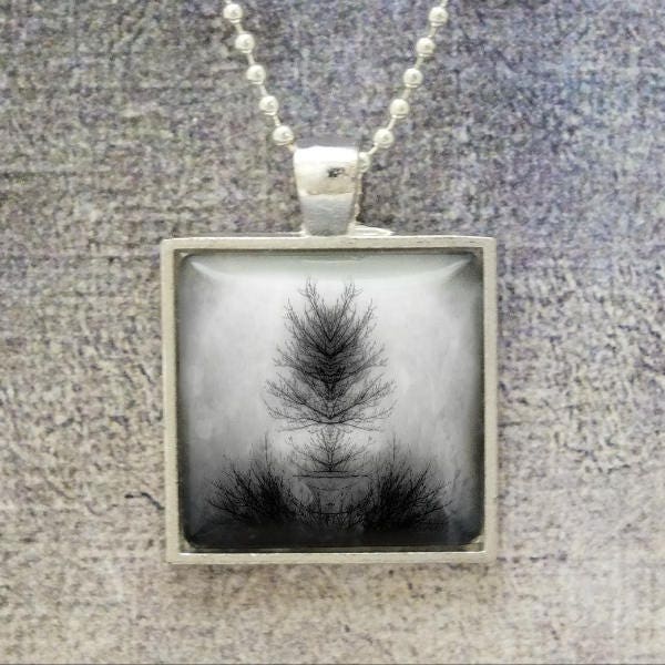 Surreal Spiritual Tree Branch of Life Pendant Necklace, Inkblot Rorschach Mirror Image Black and White Silver or Sepia with Copper