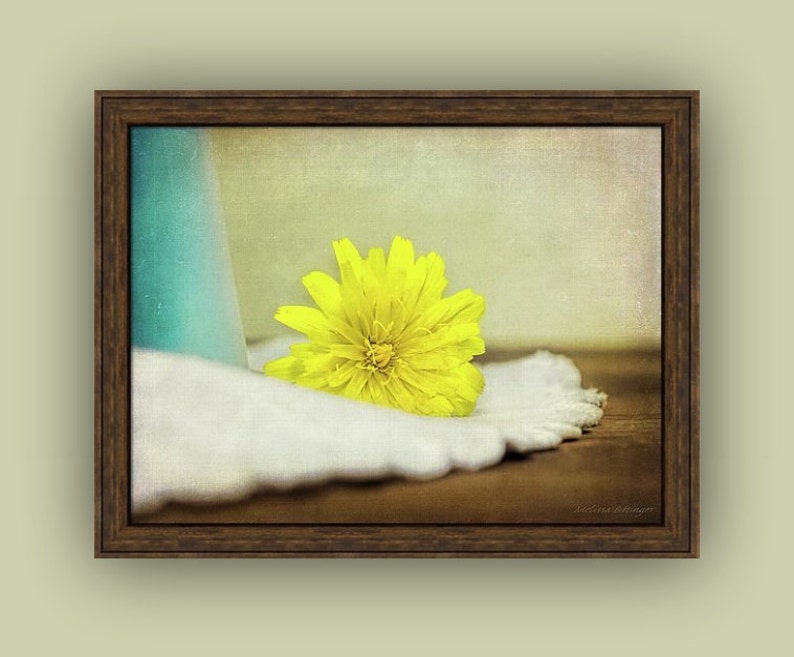 Rustic Cottage Chic Still Life Yellow Dandelion Flower Weed Yellow Blue White Brown Giclee Fine Art Print or Canvas Wall Art image 2