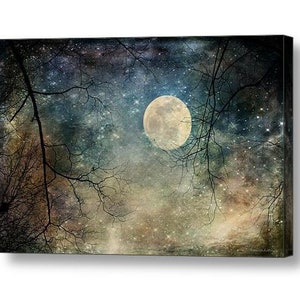 Surreal Landscape Sky Nighttime Moon Stars Tree Branches Fantasy Woodland Magical Landscape Full Moon Giclee Fine Print or Canvas image 1