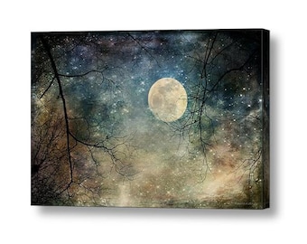 Surreal Landscape Sky Nighttime Moon Stars Tree Branches  Fantasy Woodland Magical Landscape Full Moon Giclee Fine Print or Canvas
