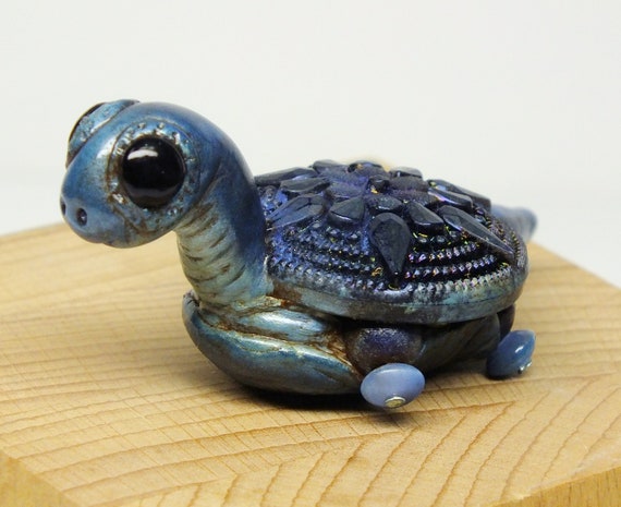 OOAK Blue Turtle Sculpture , Turtle Figurine, Turtle with Beads and Vintage Glass Button, Small Turtle, Turtle Mixed Media Clay Sculpture