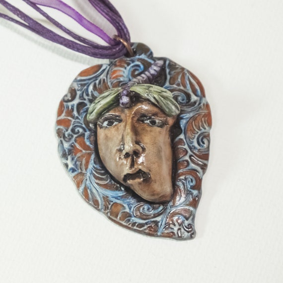 Face Geometric Avant Garde OOAK Pendant Necklace Clay Jewelry