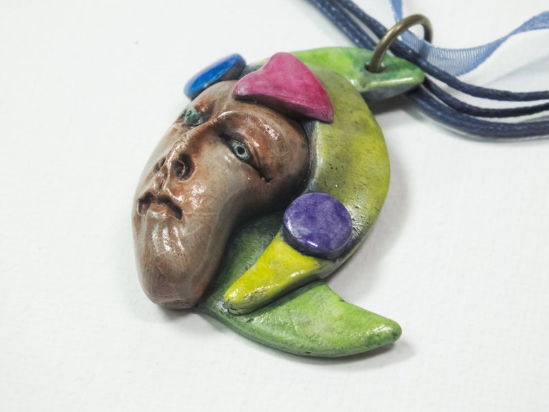 Face Geometric Avant Garde OOAK Pendant Necklace Clay Jewelry
