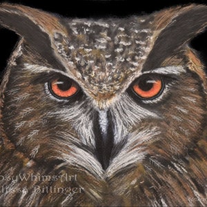 Eagle Owl Wall Art Print, Eurasian Eagle Owl Pastel Drawing Fine Art Giclee Print or Canvas