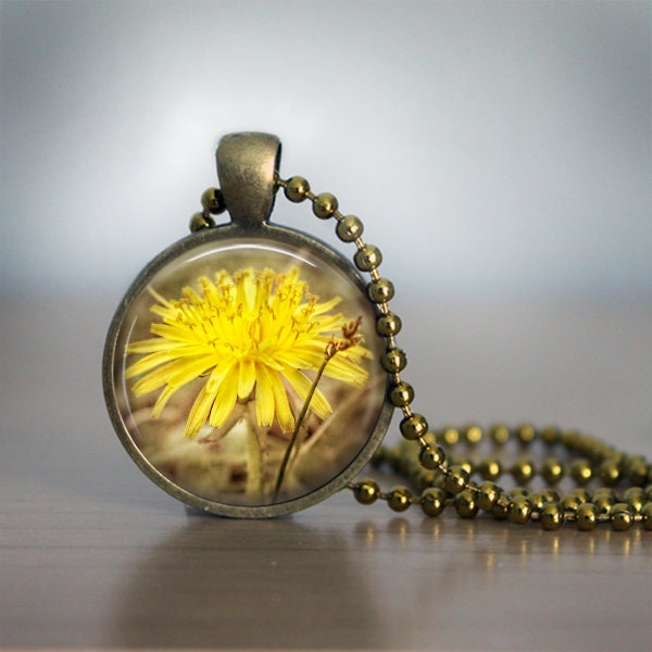 Yellow Dandelion Flower Photo Pendant Necklace, Rustic Woodland Bohemian Nature Lover Jewelry