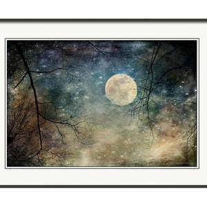 Surreal Landscape Sky Nighttime Moon Stars Tree Branches Fantasy Woodland Magical Landscape Full Moon Giclee Fine Print or Canvas image 2