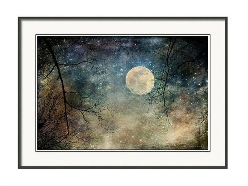 Surreal Landscape Sky Nighttime Moon Stars Tree Branches Fantasy Woodland Magical Landscape Full Moon Giclee Fine Print or Canvas image 2