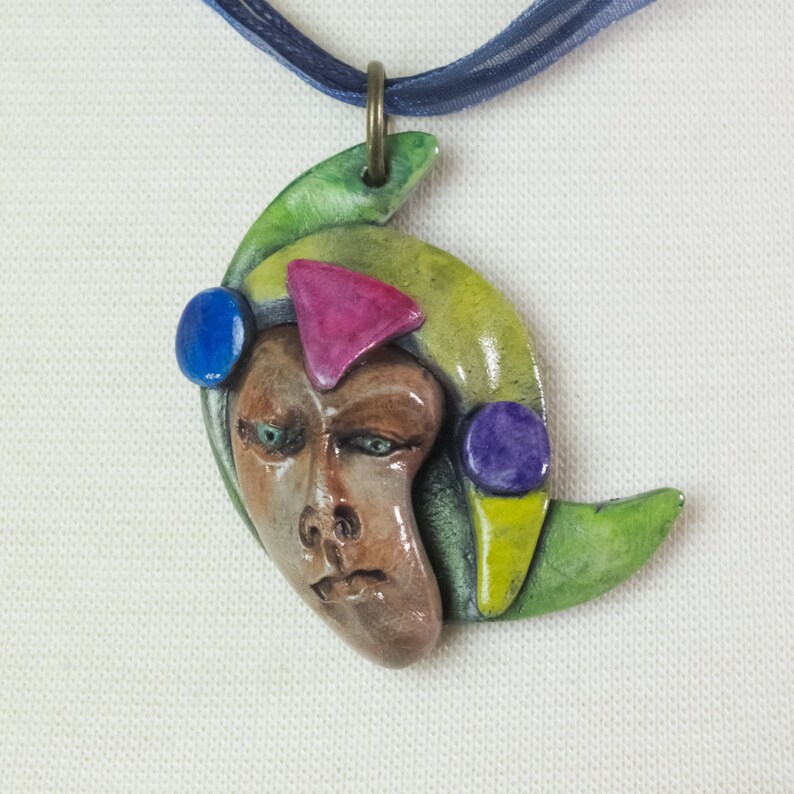 Face Geometric Avant Garde OOAK Pendant Necklace Clay Jewelry