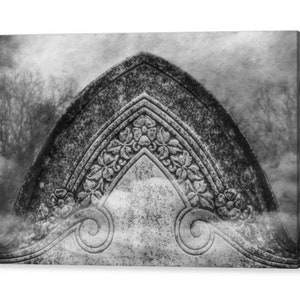 Black and White Victorian Cemetery Headstone, Surreal Spooky Foggy Mortuary Art, Gothic Romance Fine Art Print or Gallery Wrap Canvas image 2