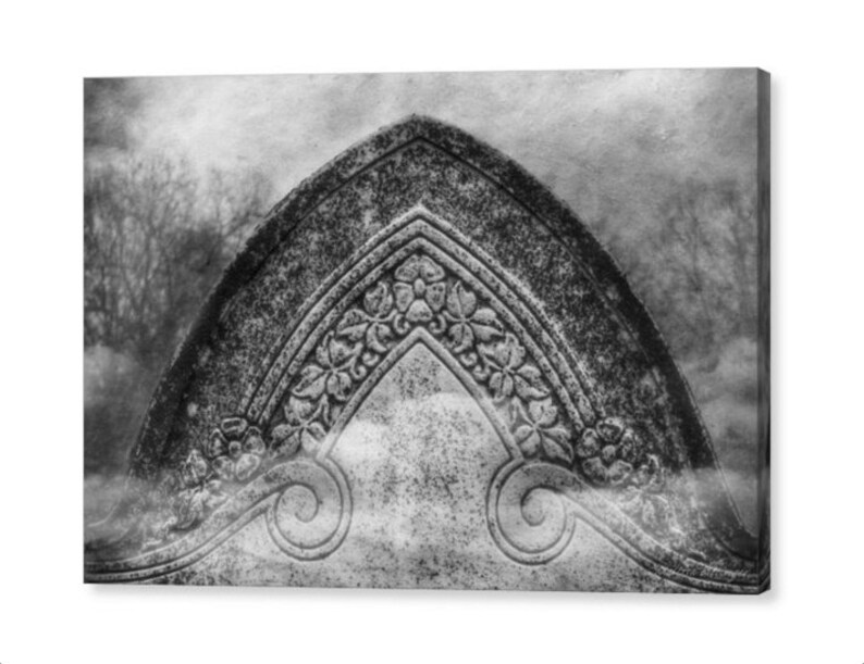 Black and White Victorian Cemetery Headstone, Surreal Spooky Foggy Mortuary Art, Gothic Romance Fine Art Print or Gallery Wrap Canvas image 2