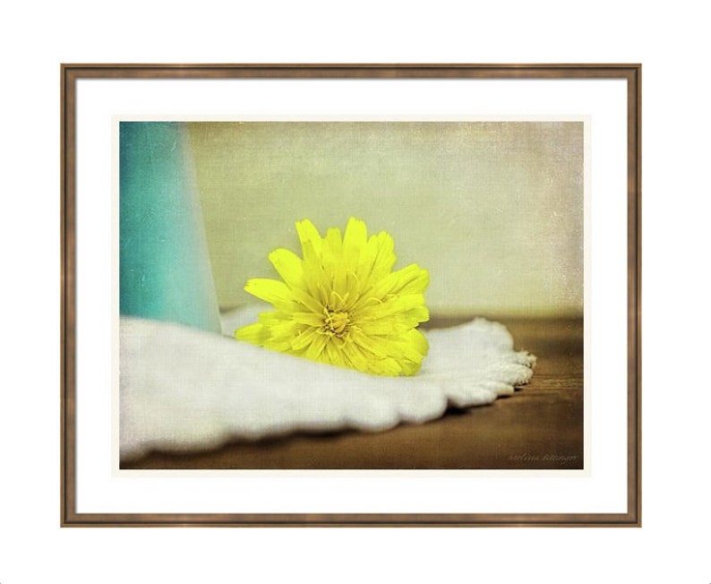 Rustic Cottage Chic Still Life Yellow Dandelion Flower Weed Yellow Blue White Brown Giclee Fine Art Print or Canvas Wall Art image 3