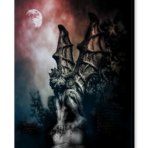 Goth Spooky Dark Blood Moon Gargoyle Guardian Statue, Goth Lover Wall Art, Macabre, Haunted, Halloween Fine Art Print or Gallery Wrap Canvas image 3