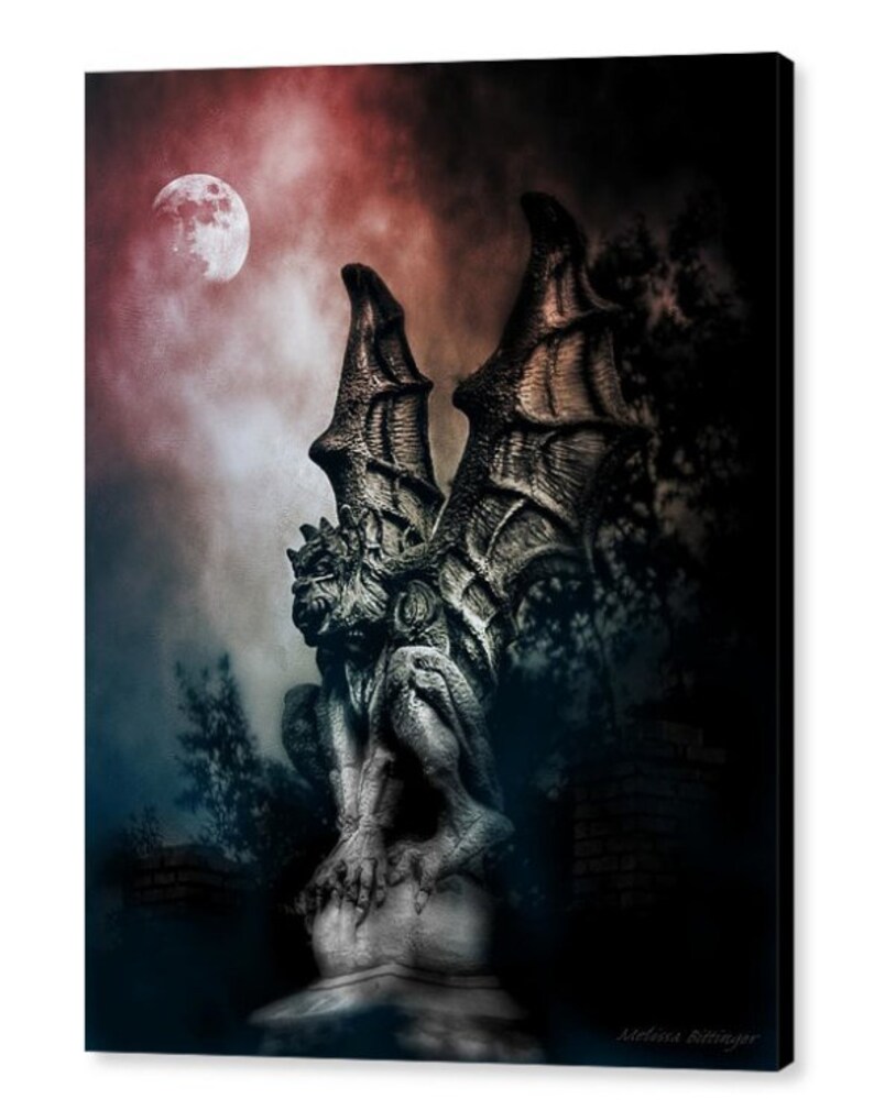 Goth Spooky Dark Blood Moon Gargoyle Guardian Statue, Goth Lover Wall Art, Macabre, Haunted, Halloween Fine Art Print or Gallery Wrap Canvas image 3