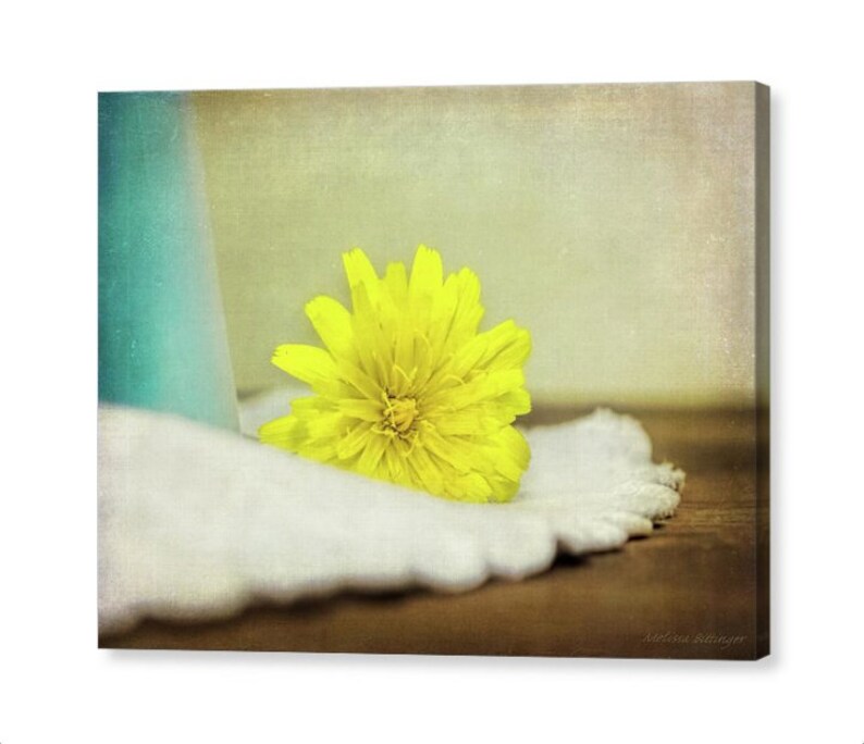 Rustic Cottage Chic Still Life Yellow Dandelion Flower Weed Yellow Blue White Brown Giclee Fine Art Print or Canvas Wall Art image 1