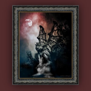 Goth Spooky Dark Blood Moon Gargoyle Guardian Statue, Goth Lover Wall Art, Macabre, Haunted, Halloween Fine Art Print or Gallery Wrap Canvas image 2