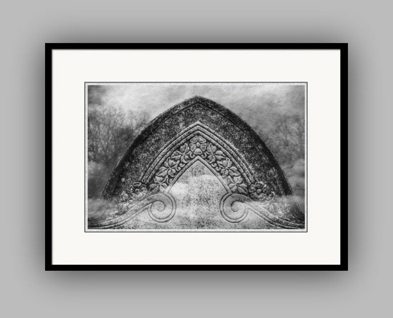 Black and White Victorian Cemetery Headstone, Surreal Spooky Foggy Mortuary Art, Gothic Romance Fine Art Print or Gallery Wrap Canvas image 1