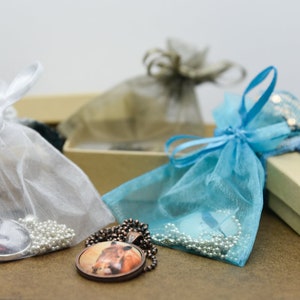 Puede incluir: Dos peque&ntilde;as bolsas de regalo, una blanca y otra azul, con cuentas plateadas y blancas y un collar con un colgante redondo. Las bolsas est&aacute;n sobre una superficie marr&oacute;n.