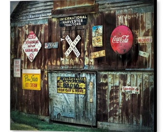 Country Farmhouse Decor Rustic Weathered Barn with Vintage Metal Advertising Signs North Carolina  Fine Art Print or Gallery Wrap Canvas