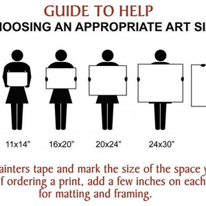 Puede incluir: Una gu&iacute;a para ayudarte a elegir el tama&ntilde;o de arte adecuado para tu espacio. La gu&iacute;a muestra seis tama&ntilde;os diferentes de arte, que van desde 8x10 pulgadas hasta 30x40 pulgadas. El consejo sugiere usar cinta de pintor para marcar el tama&ntilde;o del espacio que deseas llenar y agregar unas pocas pulgadas para el montaje y el enmarcado.