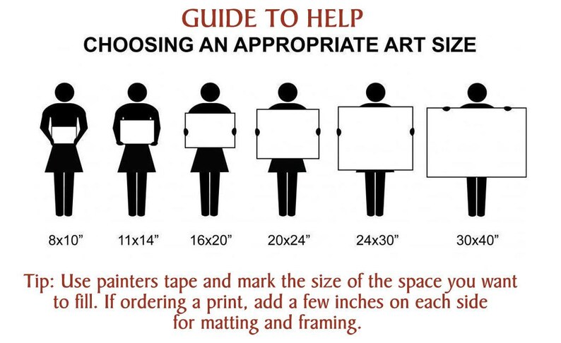 Puede incluir: Una gu&iacute;a para ayudarte a elegir el tama&ntilde;o de arte adecuado para tu espacio. La gu&iacute;a muestra seis tama&ntilde;os diferentes de arte, que van desde 8x10 pulgadas hasta 30x40 pulgadas. El consejo sugiere usar cinta de pintor para marcar el tama&ntilde;o del espacio que deseas llenar y agregar unas pocas pulgadas para el montaje y el enmarcado.