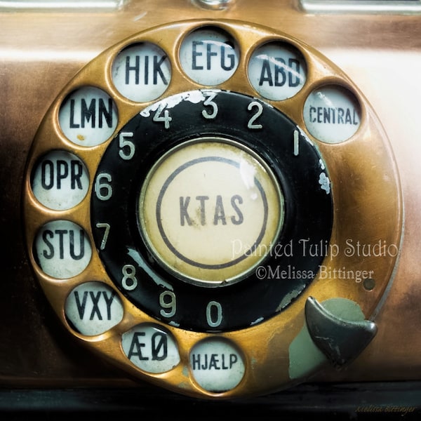 Vintage Telephone Photo, Copper Antique Danish Rotary Dial Telephone, Still Life Photography Giclee Print or Canvas