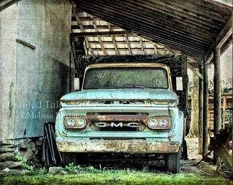 Old 1960's Vintage GMC Truck Photography Rustic Garage Man Cave Art Nostalgic Rusty Truck, Americana Country Life, Print or Canvas