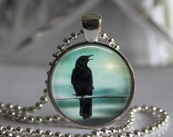Raven Crow Surreal Magical Teal Blue Sky / Black Bird  Photo / Art Pendant Necklace / Photo Pendant Necklace Jewelry