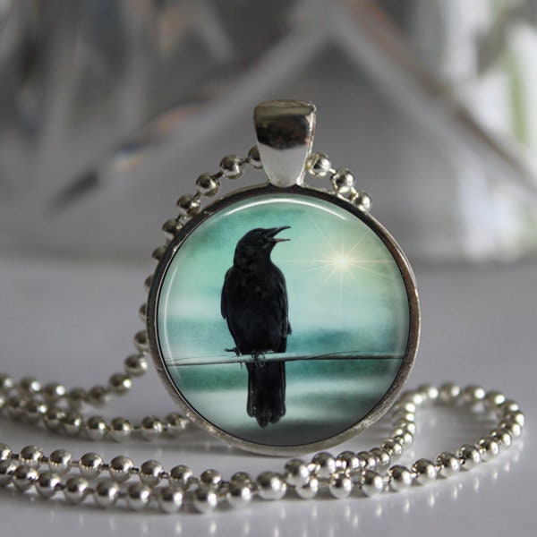 Raven Crow Surreal Magical Teal Blue Sky / Black Bird  Photo / Art Pendant Necklace / Photo Pendant Necklace Jewelry