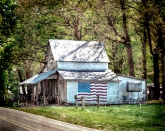 Country Rustic Farmhouse Decor American Flag and Barn Fine Art Photography Giclee Print or Canvas