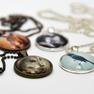 Puede incluir: Cuatro collares con colgantes redondos de vidrio que presentan diferentes im&aacute;genes. Los colgantes son de color plateado y bronce con im&aacute;genes negras, marrones y azules.