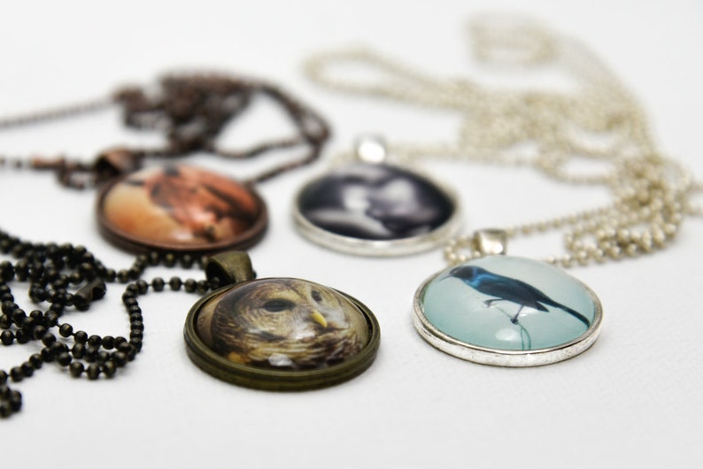 Puede incluir: Cuatro collares con colgantes redondos de vidrio que presentan diferentes im&aacute;genes. Los colgantes son de color plateado y bronce con im&aacute;genes negras, marrones y azules.