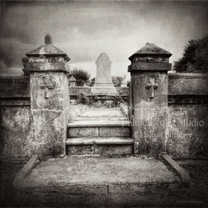 Cemetery Landscape Old Private Walled Garden Faded Blue Wall Religious Cross, Fine Art Photography Print or Gallery Canvas Wrap Giclee