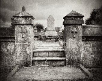 Cemetery Landscape Old Private Walled Garden Faded Blue Wall Religious Cross, Fine Art Photography Print or Gallery Canvas Wrap Giclee