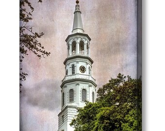 Charleston SC Church Architecture,  St Michael's Steeple Bell Clock Tower, Fine Art Photography Print or Gallery Wrap Canvas Giclee