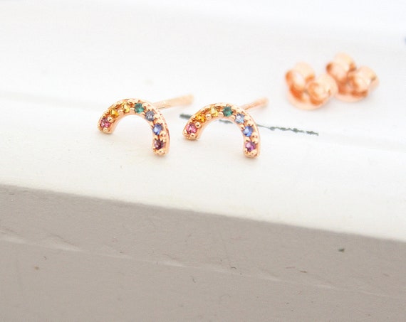 Tiny Rainbow Studs rose gold, Little Rainbow Earrings Multi Color Stone Earrings, Happy Little Stud earrings