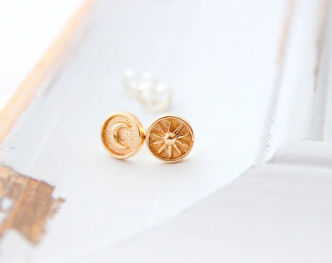 Sun and Moon stud Earrings Bronze, Celestial jewelry Mismatched Star Crescent Earrings Moon jewelry post earrings, Gift for her