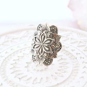 Sterling Silver Mandala Flower Ring, Bohemian Yoga Jewelry, Healing jewelry
