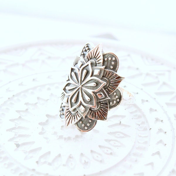 Sterling silver ring, Mandala Ring, Flower ring Boho Bohemian ,Yoga jewelry, Healing jewelry
