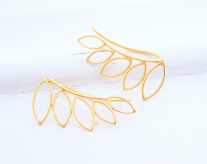 Leaf Ear Climbers in gold, Leaf Ear Sweeps. Geometric Earrings, Angular Leaf Ear Sweeps, Ear Climber Earrings, Silver Leaf Earrings