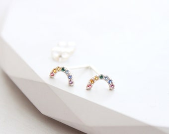 Tiny Rainbow Studs earrings, Little Rainbow Earrings, Sterling Multi Color Stone Earrings, Dainty earrings