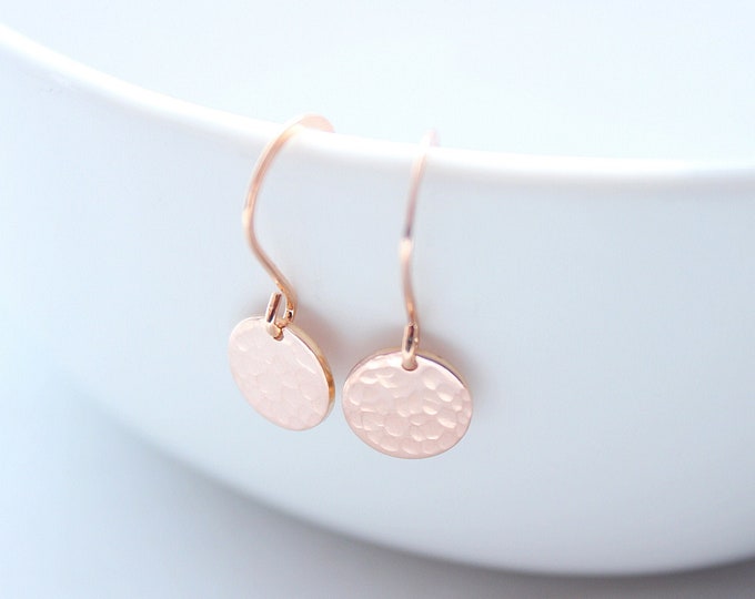 Tiny Dot Rose gold earrings hammered rose gold discs, dainty earrings, everyday earrings, simple small dangle earrings