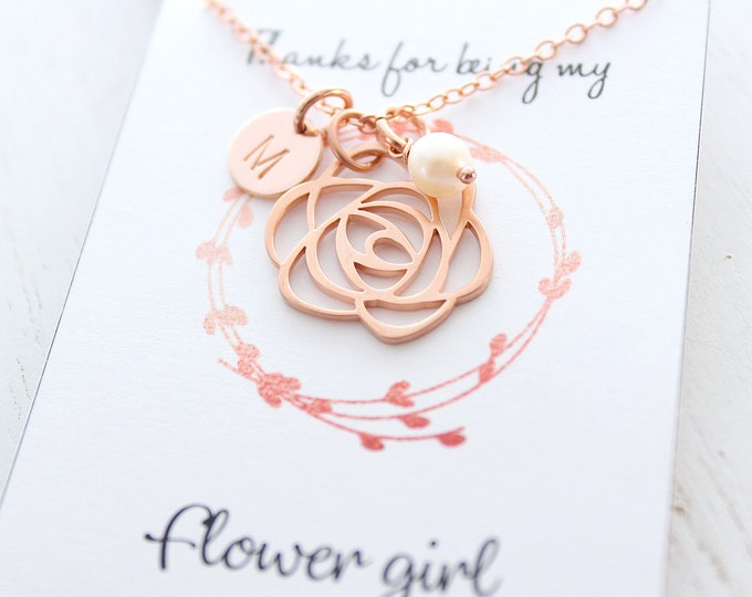 Flower Girl necklace in rose gold with personalized initial necklace and freshwater pearl. Little girl necklace, wedding gift