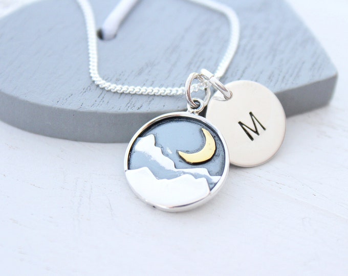 Mountain Necklace in Silver Necklace for Woman, Wanderlust Jewelry, Mountain Range with Moon, Mothers Day Gift